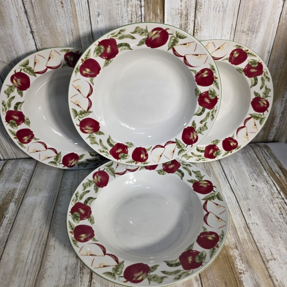 American Atelier Apple 5198 Stoneware Soup Pasta Bowls Set of 4 Red Fruit Rim